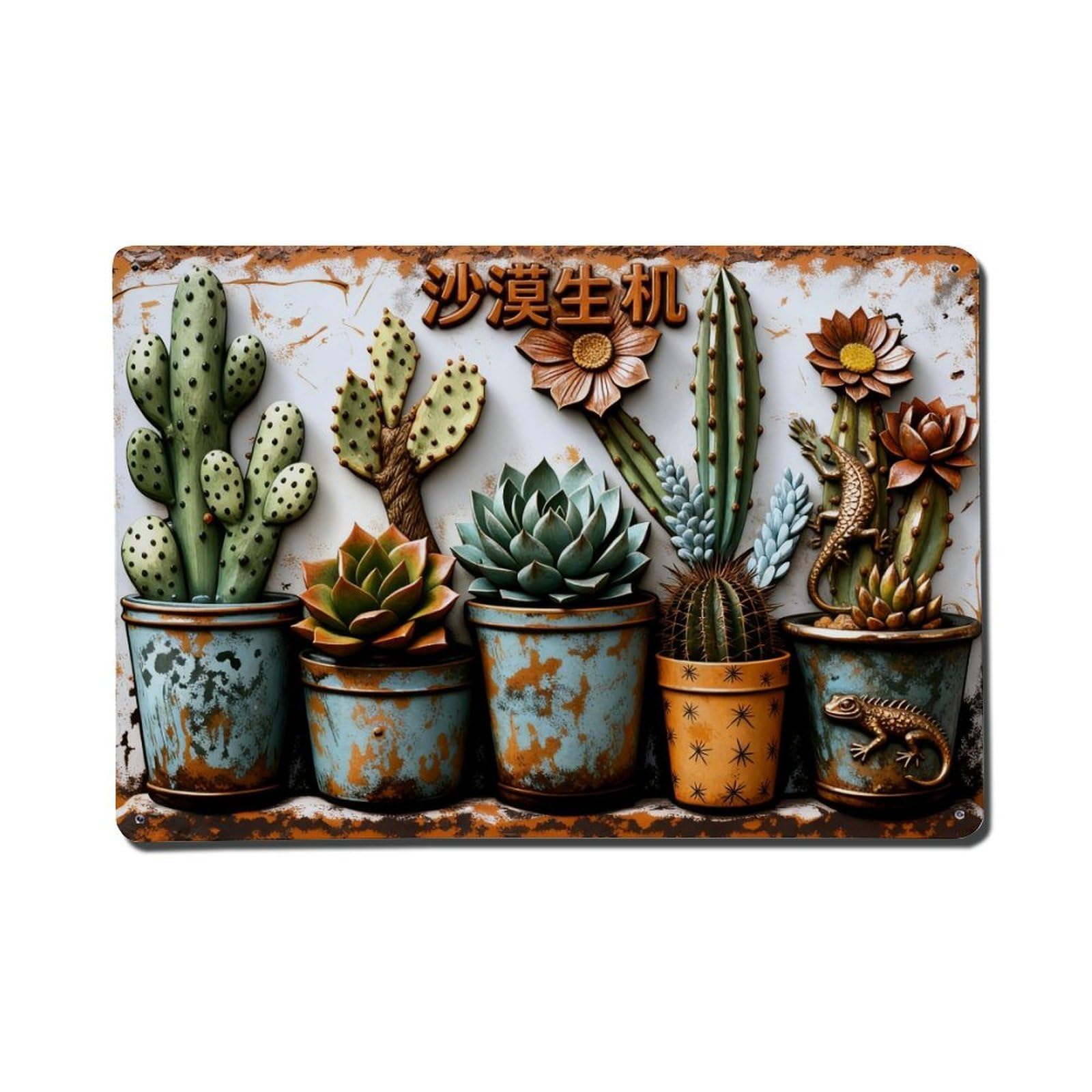 Cactus Flower Pot Plant Pattern Metal Tin Sign Plaque