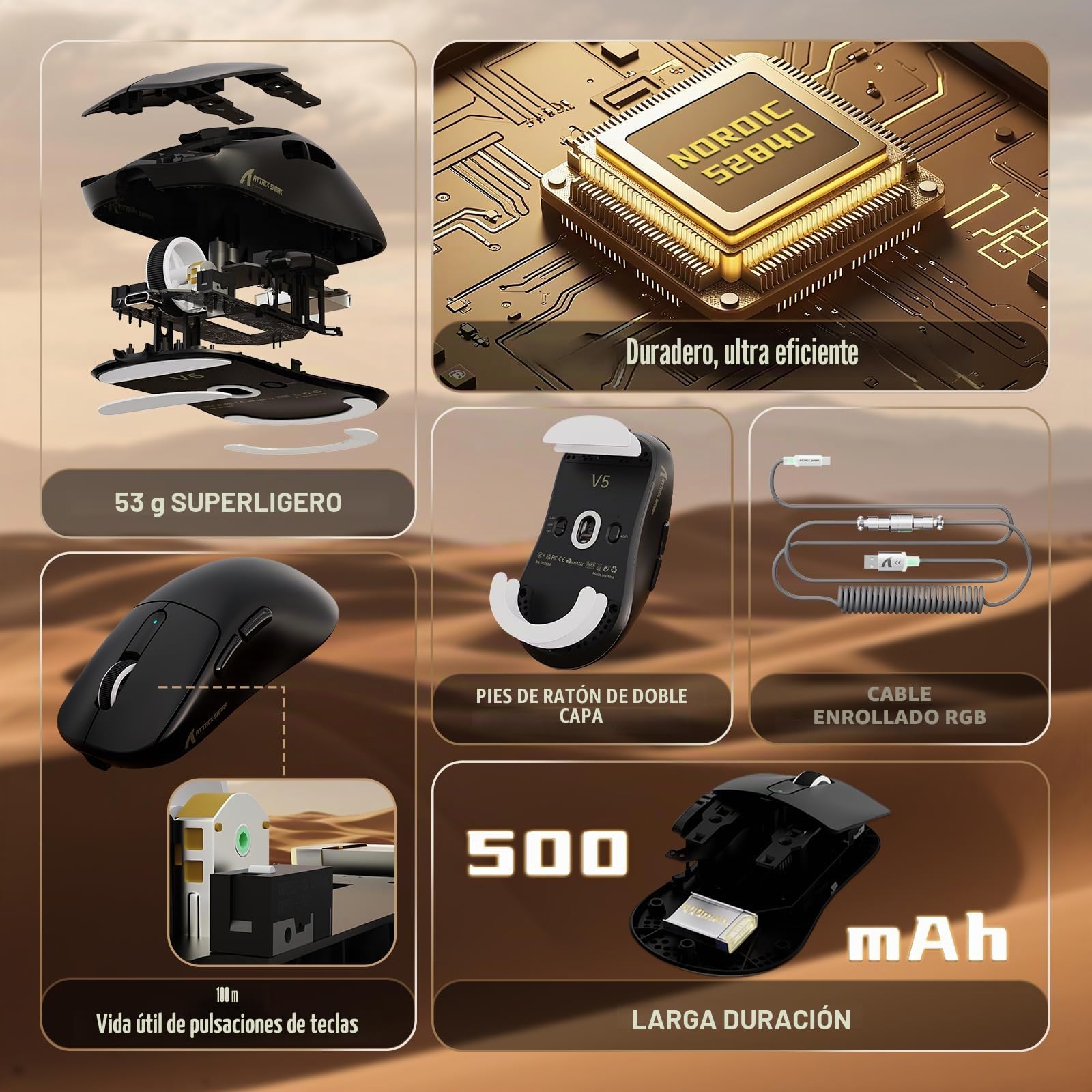 ATTACK SHARK V5 Ratón Inalámbrico para Juegos de 8KHz, 53G Superligero,Sensor PixArt PAW3950MAX, MCU Nordic 52840,Bluetooth/2.4 G/USB-C,Cable en Espiral, 42KDPI,Revestimiento Ice-Feel (Negro)