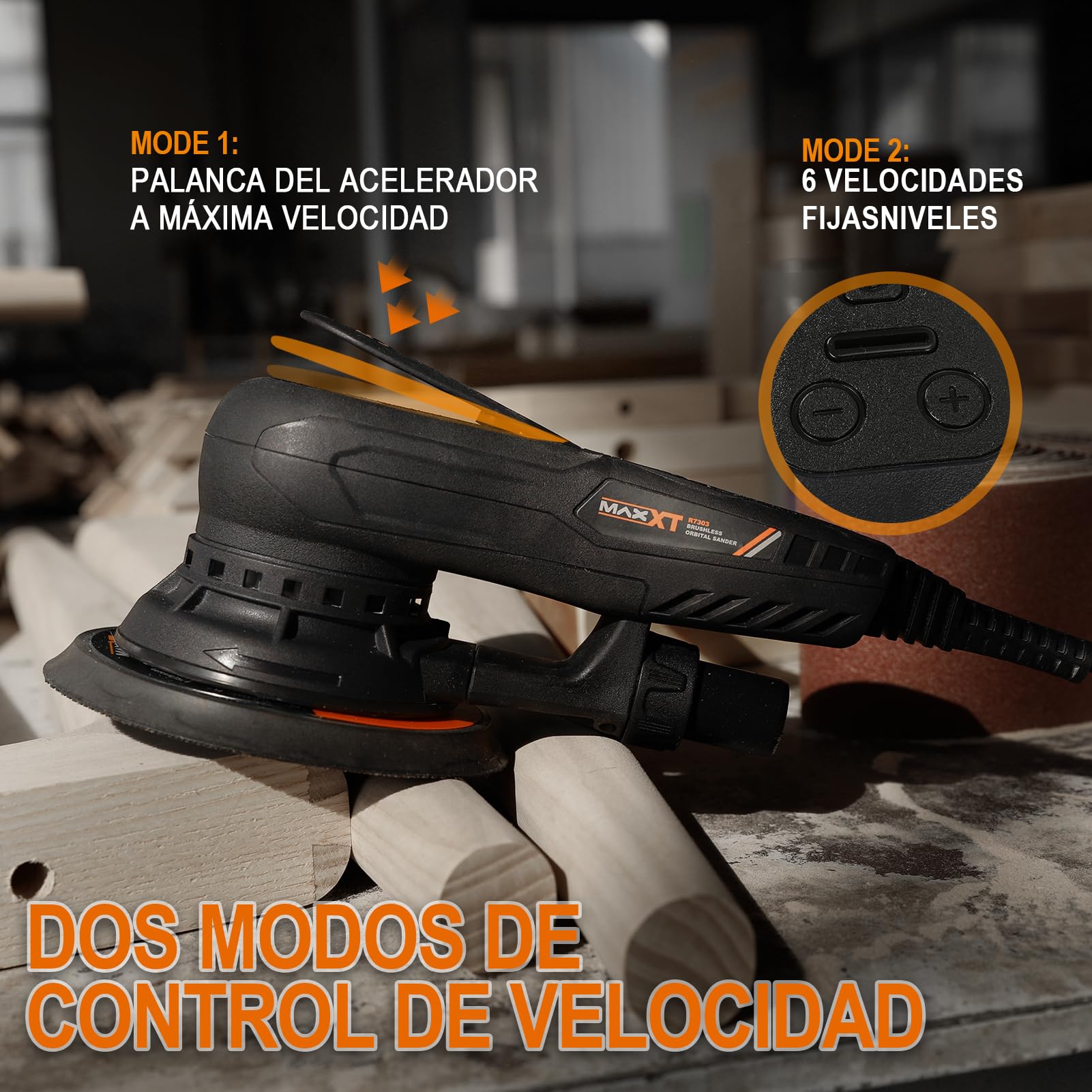 MAXXT Lijadora orbital sin escobillas 350W, Lijadora excéntrica 5.0， disco de 125mm&150mm, 4000-10000RPM(6 velocidades ajustables) Freno automático-2s, y 20 hojas de papel de lija