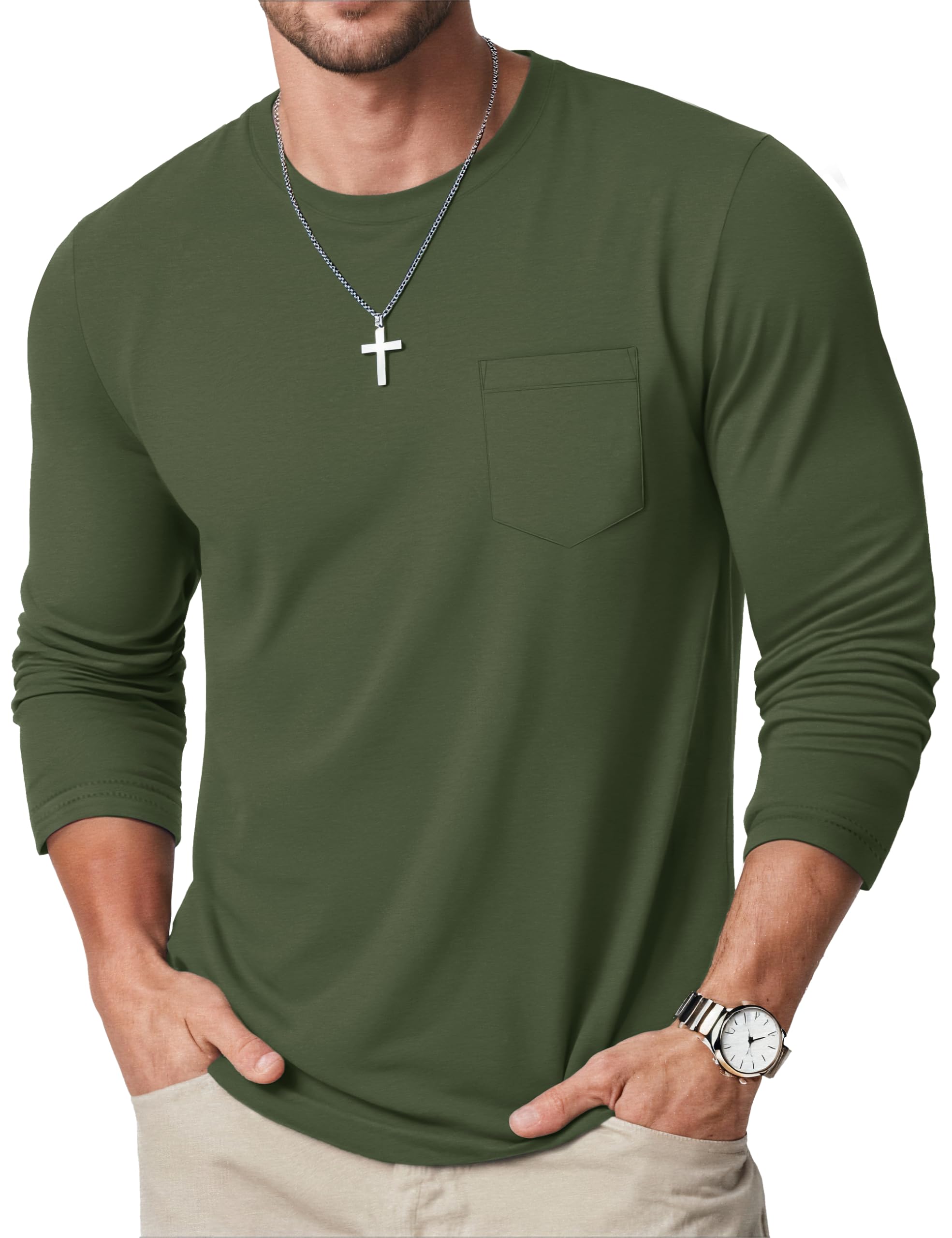 MAGCOMSEN Langarmshirt Herren Longsleeve Shirt Langarm Baumwolle Atmungsaktive Tshirt mit Tasche Freizeit Basic Rundhals
