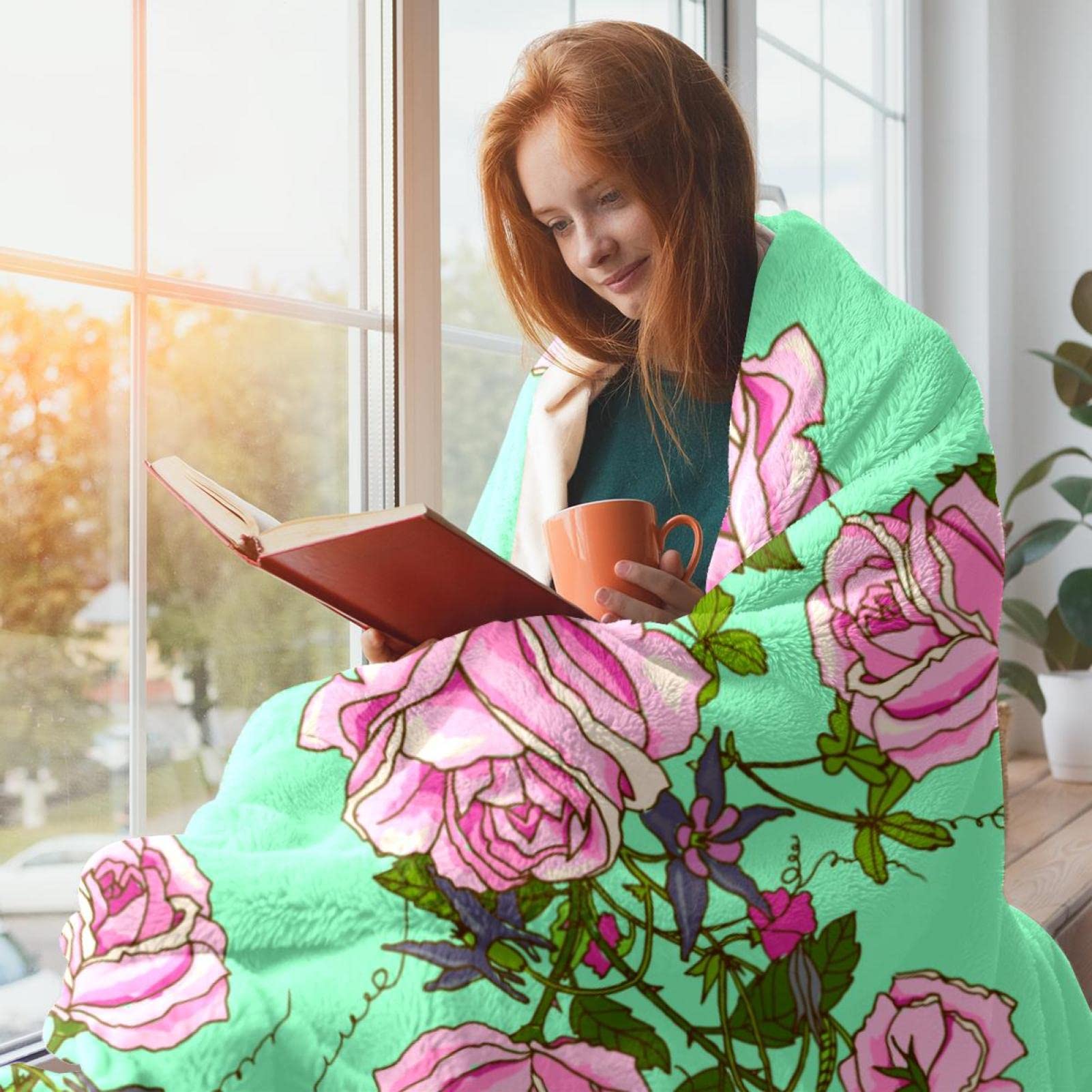 AILONEN Sherpa-Fleece-Decke Mit Rosen-Druck | Weiche Überwurfdecke 150x129 Cm Für Bett & Sofa
