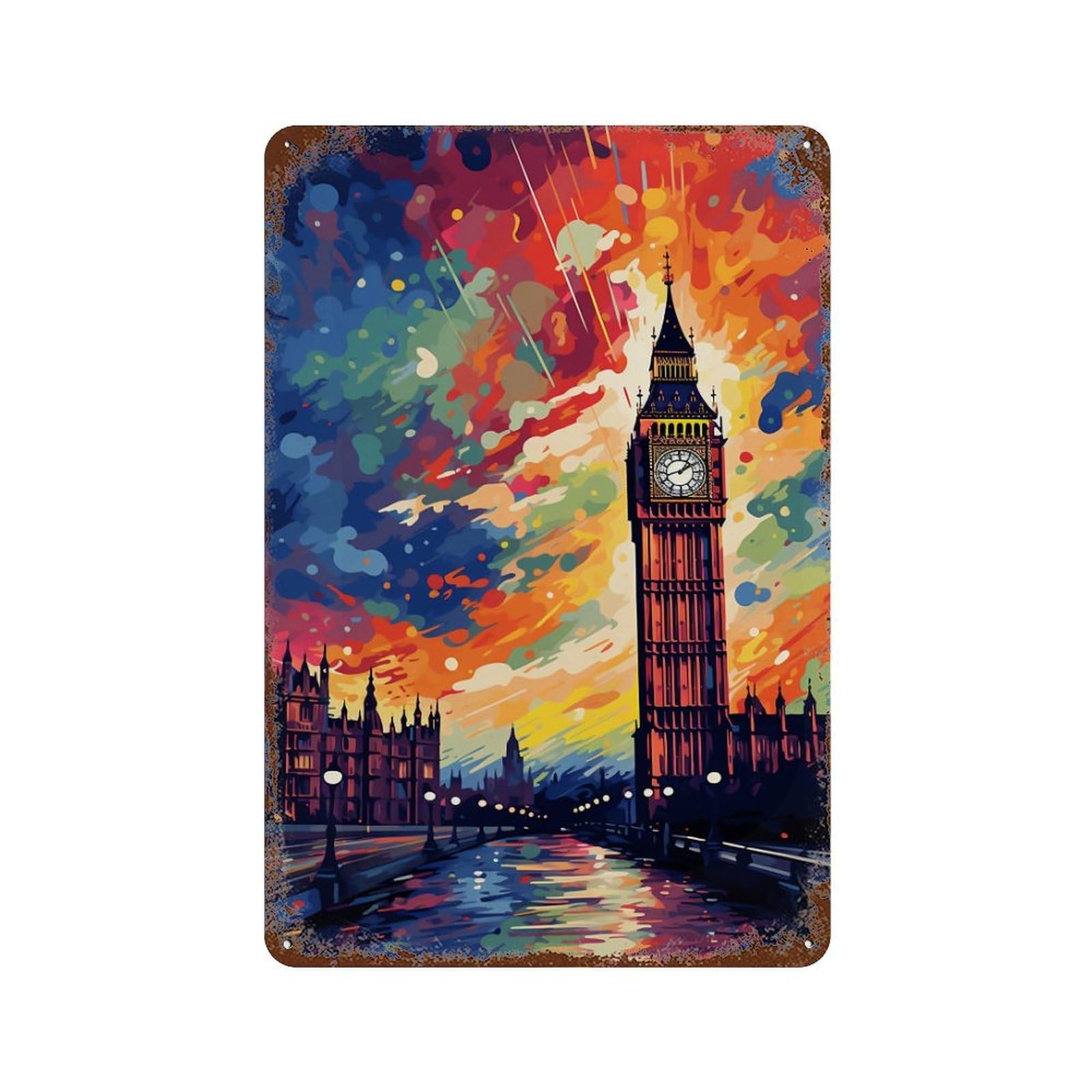 London Skyline with Big Ben Aged Metal Wall Plaque 11.8"x7.9", for Basement, Hobby Room And Garage Decor, Rustic Home Decor