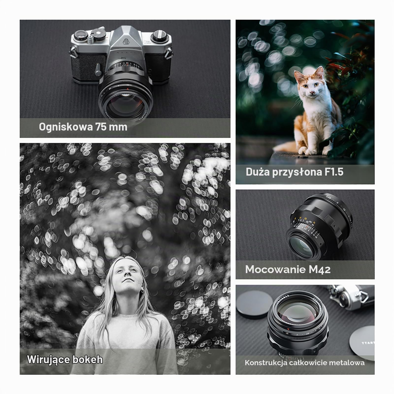 TTARTISAN Obiektyw 75 mm F1.5 Swirly Bokeh do montażu M42, ręczne ustawianie ostrości, pełnoklatkowy obiektyw aparatu
