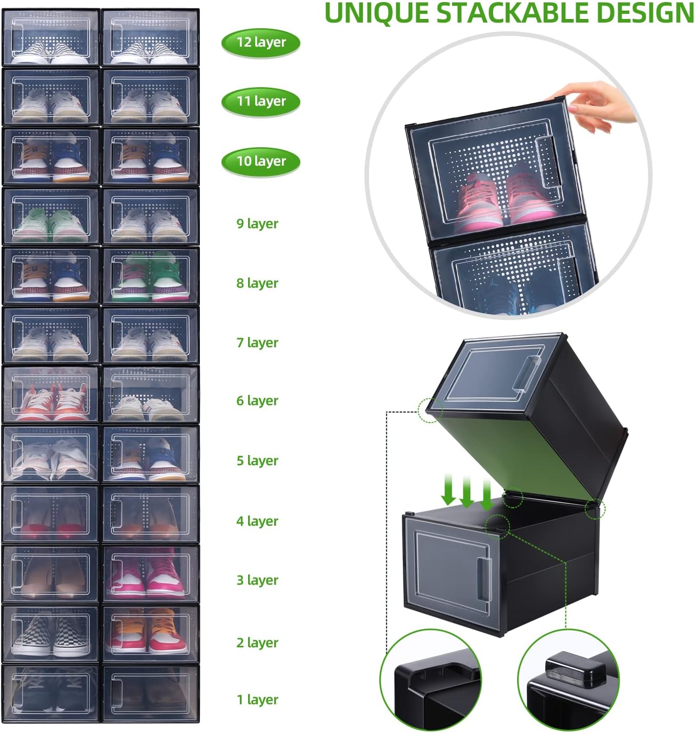 Ohuhu Shoe Box, Shoe Organizer, High Quanlity Stackable Foldable Shoe Storage, Clear Plastic Shoe Containers, Drawer Type Front Opening for Underbed Closets and Entryway (XL, Black)