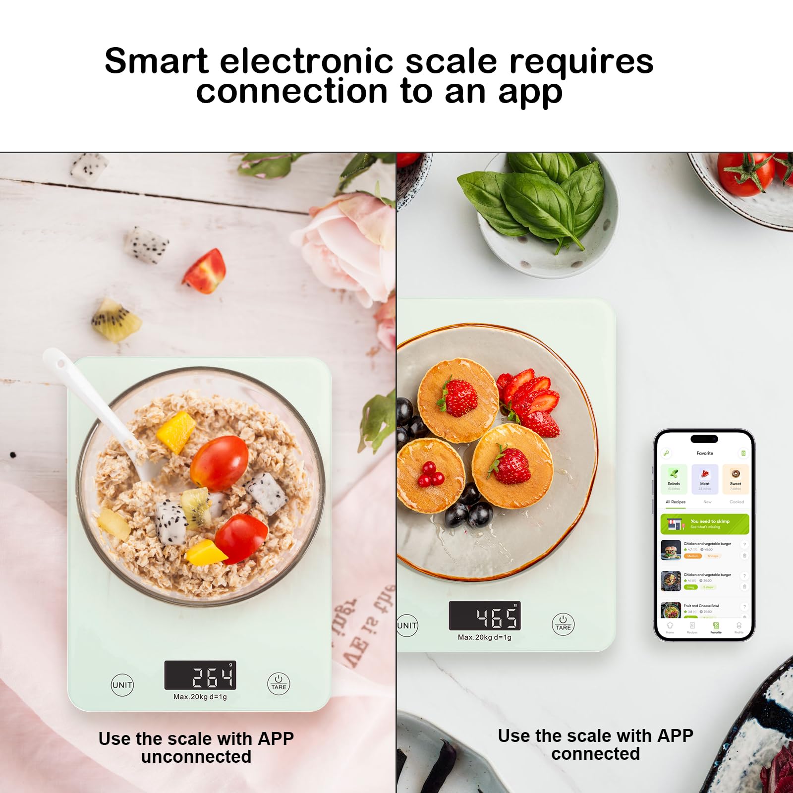 La báscula digital de alimentos de cocina puede proporcionar cocinar y pesar harina, frutas y café. Es una báscula digital electrónica inteligente que se puede conectar a una aplicación