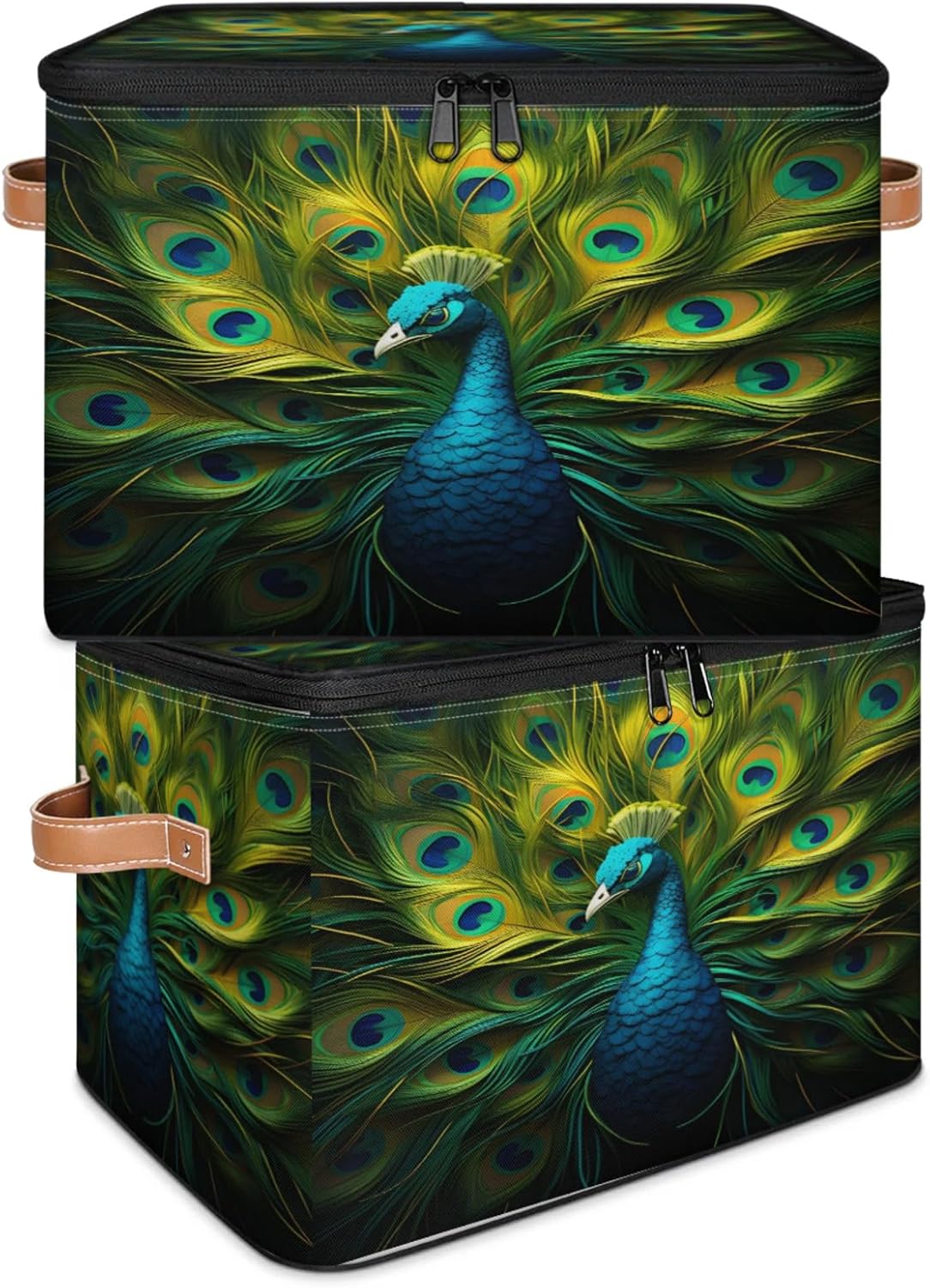 Storage Bin Set of 2 Peacock Feather Storage Basket with Zipper Lid & Handle Foldable Closet Shelf 2 Pack Cloth Organizer Basket Cube Bins Clothes Organizer for Nursery, Bedroom