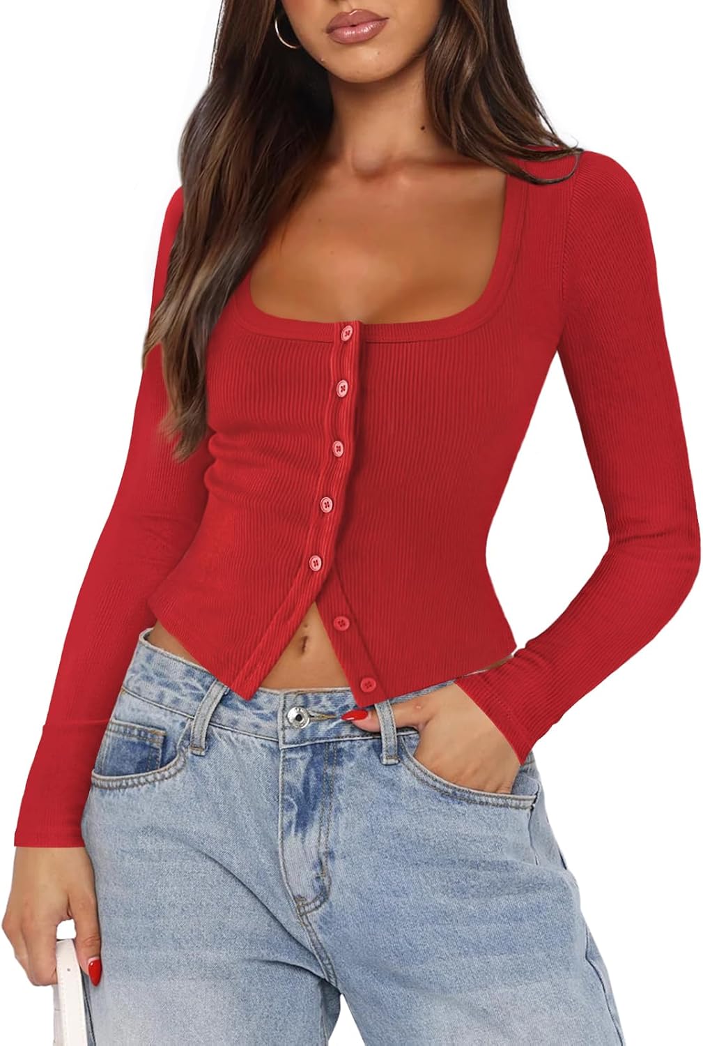 Pungdra Womens Button Up Tops for Women Knit Ribbed Fitted Button Down Cardigan Long Sleeve Going Out Tops Fall Clothes