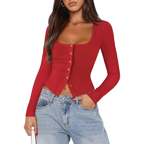 Womens Button Up Tops for Women Knit Ribbed Fitted Button Down Cardigan Long Sleeve Going Out Tops Fall Clothes