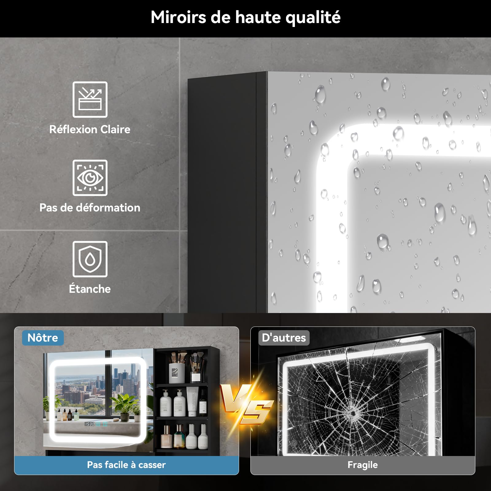 YU YUSING Armoire Salle de Bain avec Miroir LED 80x60cm, Meuble de Toilette Suspendu avec 6 Étagères et Porte-Serviettes, Hauteur Réglable, Anti-Buée, 3 Températures de Lumière Réglables, Noir