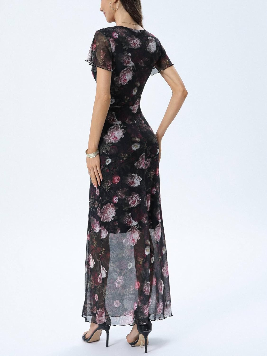 GothDark Women's Summer Floral Mesh Maxi Dress V Neck High Slit Vintage Gothic Boho Beach Elegant Wedding Guest Dresses - Image 3