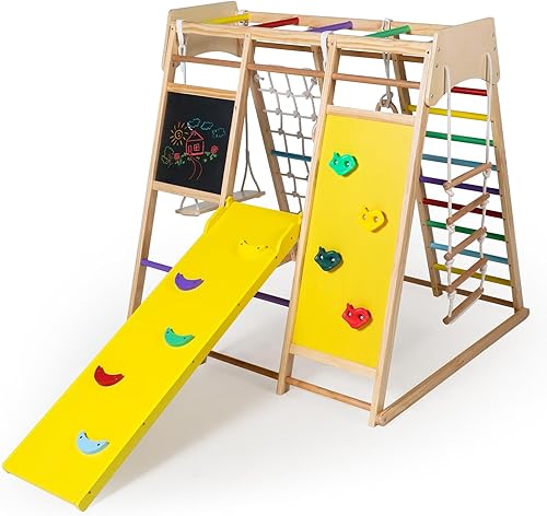Miniatura 9 de Kinder King Juguetes de escalada de madera 10 en 1 para niños, gimnasio de la jungla con tabla de dibujo, tobogán, escalada en roca y red, escalera,
