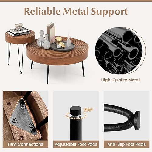 Miniatura 6 de Giantex Juego de 2 mesas auxiliares redondas bohemias, mesa anidable lateral para sofá con parte superior de madera de pino maciza, patas de metal y