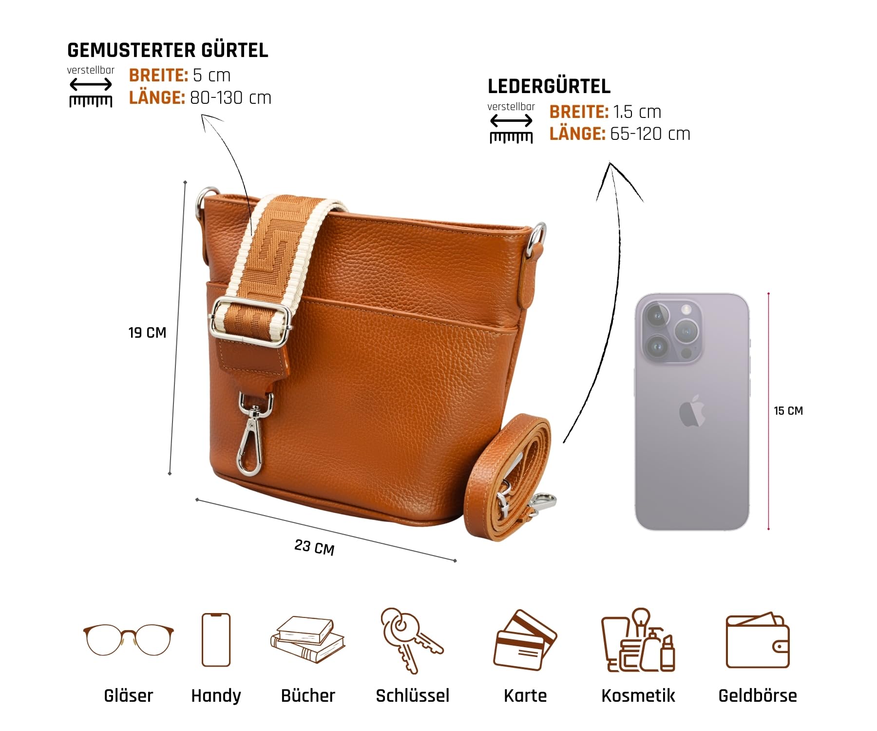 Adel Bags LINA Damen Umhängetasche Echtleder Handgefertigt Crossbody Bag | Damen Schultertasche mit Ledergurt & wahlweise gemustertem Riemen, Echtes Leder, 4 Fächer, Made in Italy