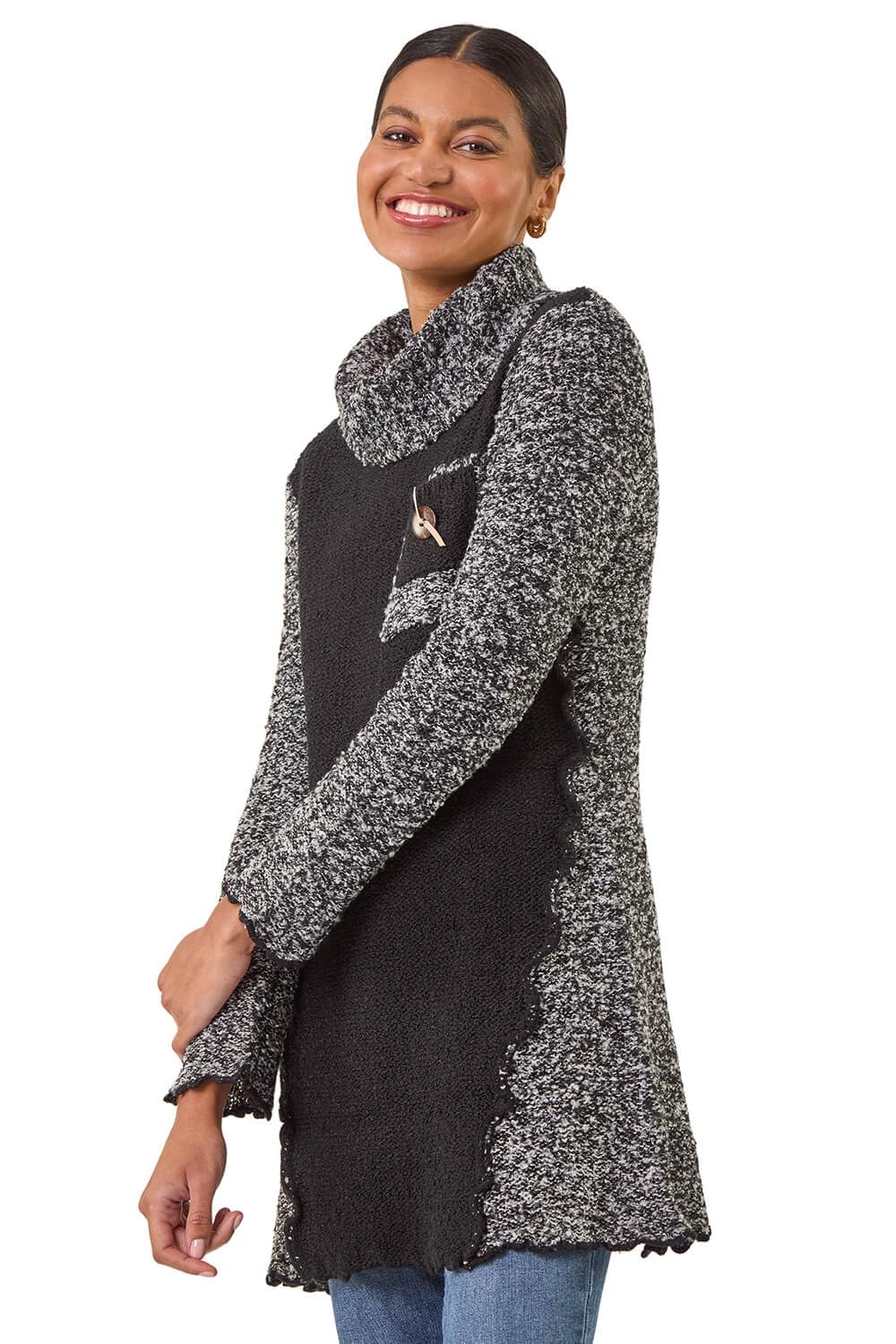 Roman Originals Textured Pocket Knit Jumper for Women UK - Ladies Everyday Autumn Winter Roll Neckline Comfy Soft Evening Vacation Work Party Night Out - Black - Size 16