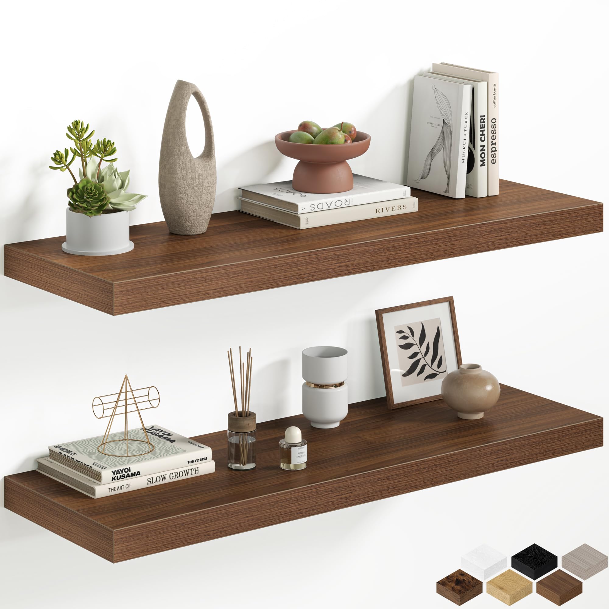 Photo 1 of 36 Inch Floating Shelves for Wall, 12 Inch Deep Shelves for Bedroom, Kitchen, Bathroom Wall Mounted, Rustic Wood Floating Shelf with Invisible Brackets for Books, Storage, Decor, Walnut, 2 Pack
