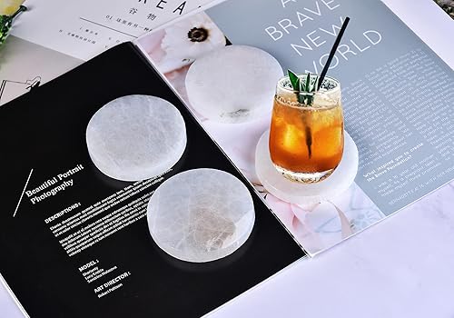 Miniatura 10 de AMOYSTONE 4 posavasos hexagonales pequeños de selenita marroquí y estación de carga de Reiki, placa de cristal planabandeja para equilibrio de