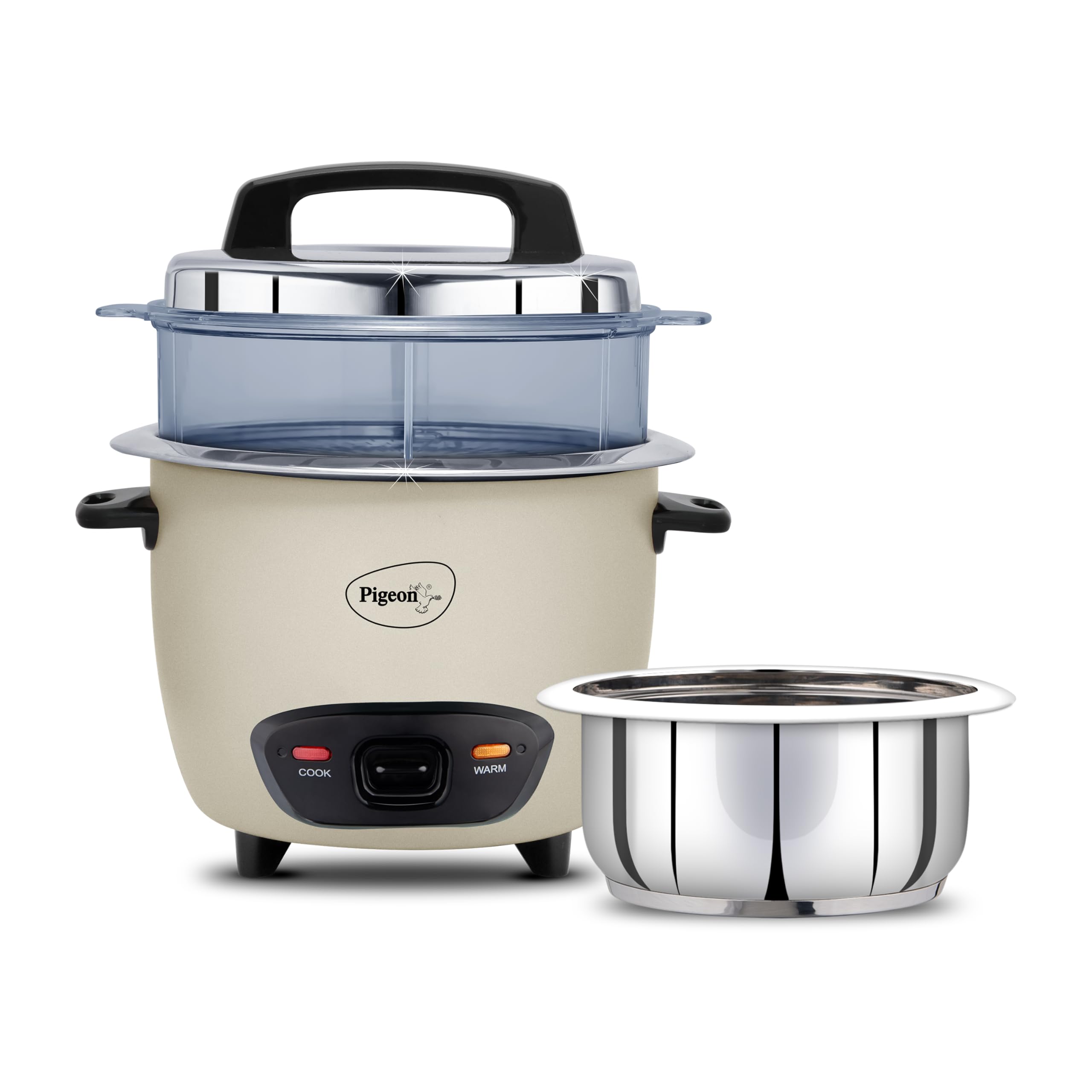 Pigeon Inox Pro Rice Cooker with Steamer, 1.8 litres | Stainless Steel Lid | 700 Watts | 1 Steel Cooking Pot | Measuring Cup | Spatula | Energy Efficient Cooking (Grey)-image-38