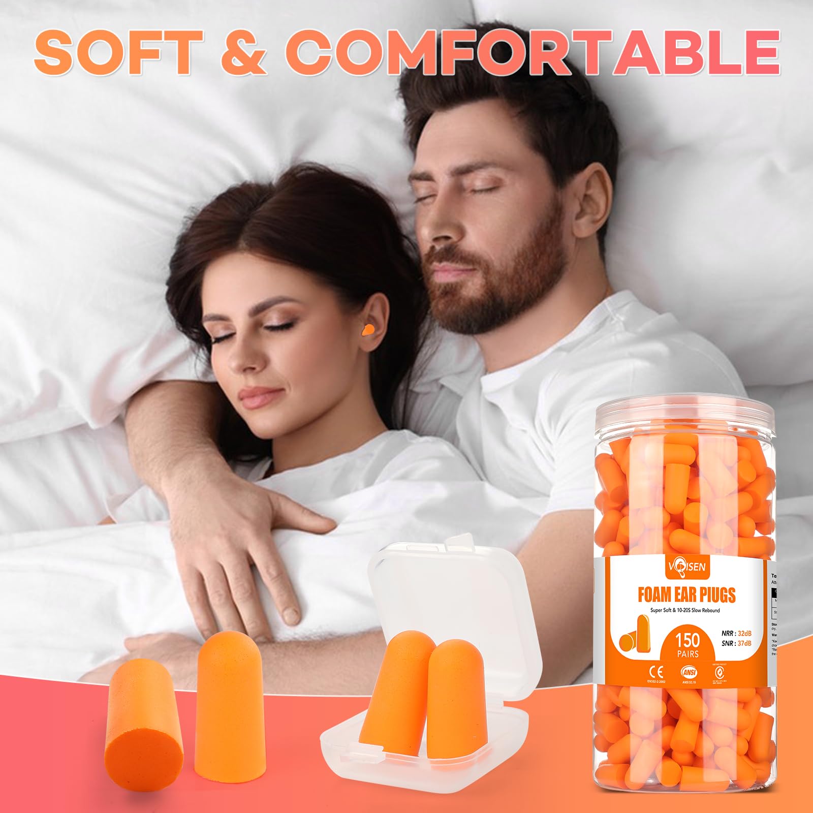 VOISEN 150 paia di tappi per le orecchie in schiuma, per la cancellazione del rumore durante il sonno, 32 dB NRR, 37 dB SNR tappi per le orecchie per dormire, russare, studiare, eventi forti, viaggi e
