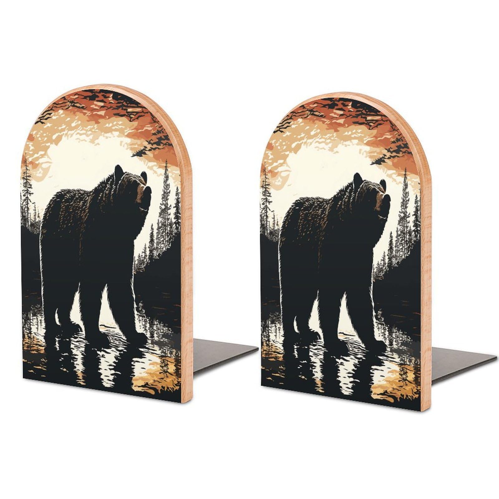 Bear Silhouette Bookend Wood Book End for Shelves Heavy Duty Non-Slip Wooden Bookend Support Universal Economy Bookends Fancy Modern Decorative Book Accessories 1 Pairs