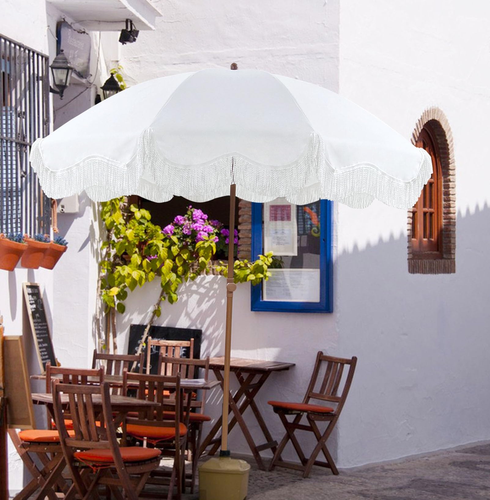 Blanco Sombrilla Playa 200 Cm Parasol Jardín Exterior Grande con Flecos Sombrillas Terraza Protección UV50+ Sombrilla Jardín Inclinable Portátil Boho Beach Umbrella For Sand Impermeable