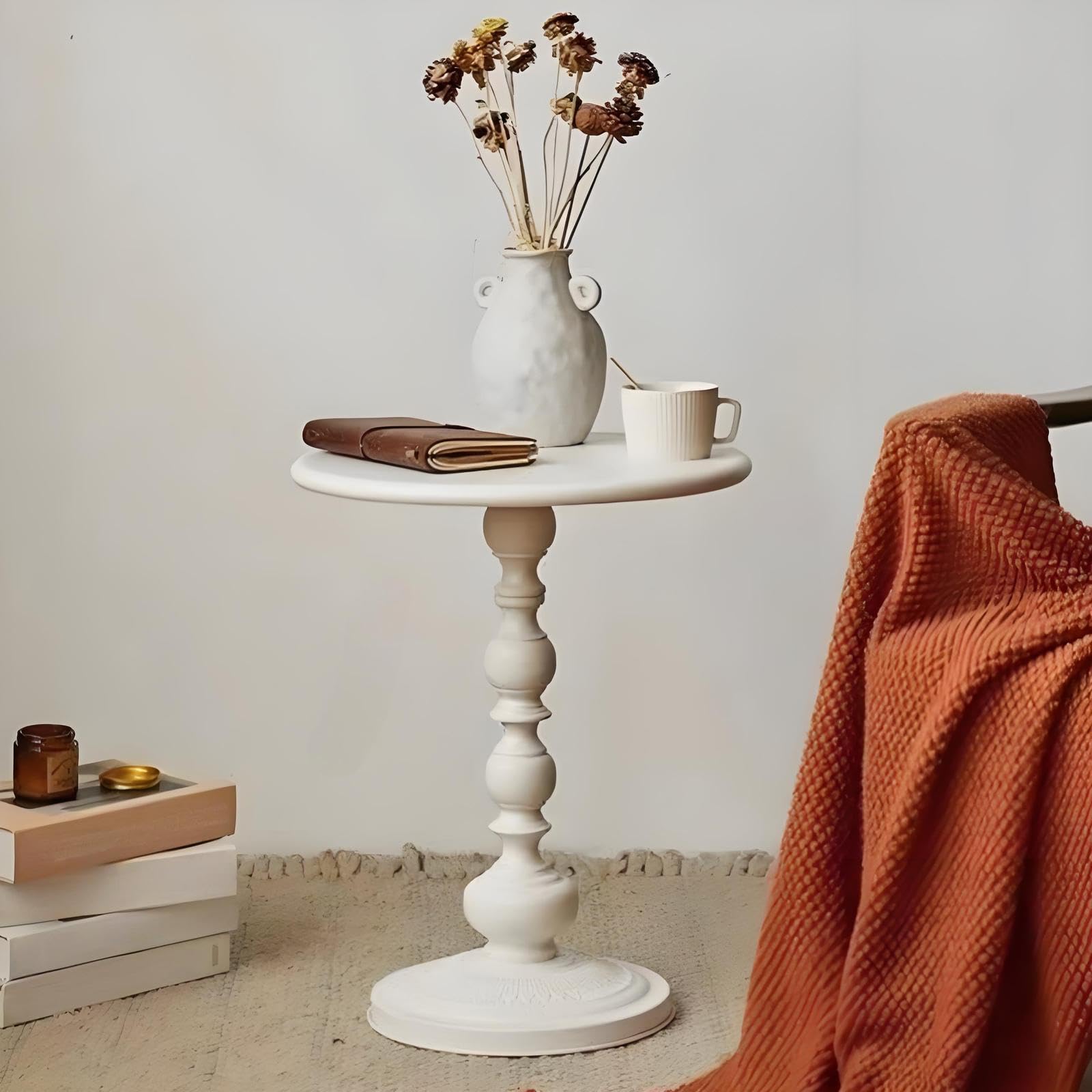 Mesa auxiliar pequeña de metal redonda blanca para dormitorio y terraza exterior