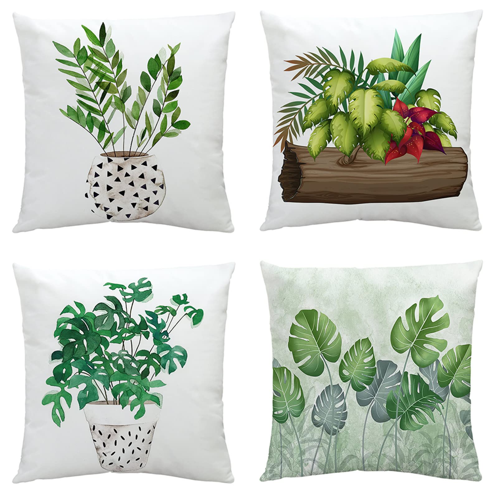 Zestaw 4 poszewek na poduszkę 70 x 70 cm, z zamkiem błyskawicznym, super miękka i przytulna, lniana poszewka na poduszkę z nowoczesnym motywem zielonych roślin, na sofę, kanapę, do salonu, na Halloween, zestaw poduszek dekoracyjnych