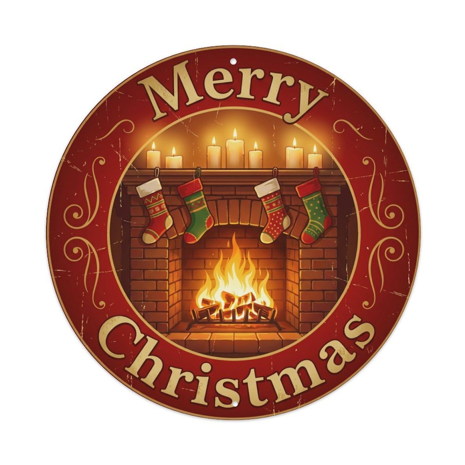 Merry Christmas Cozy Fireplace Scene Metal Tin Sign