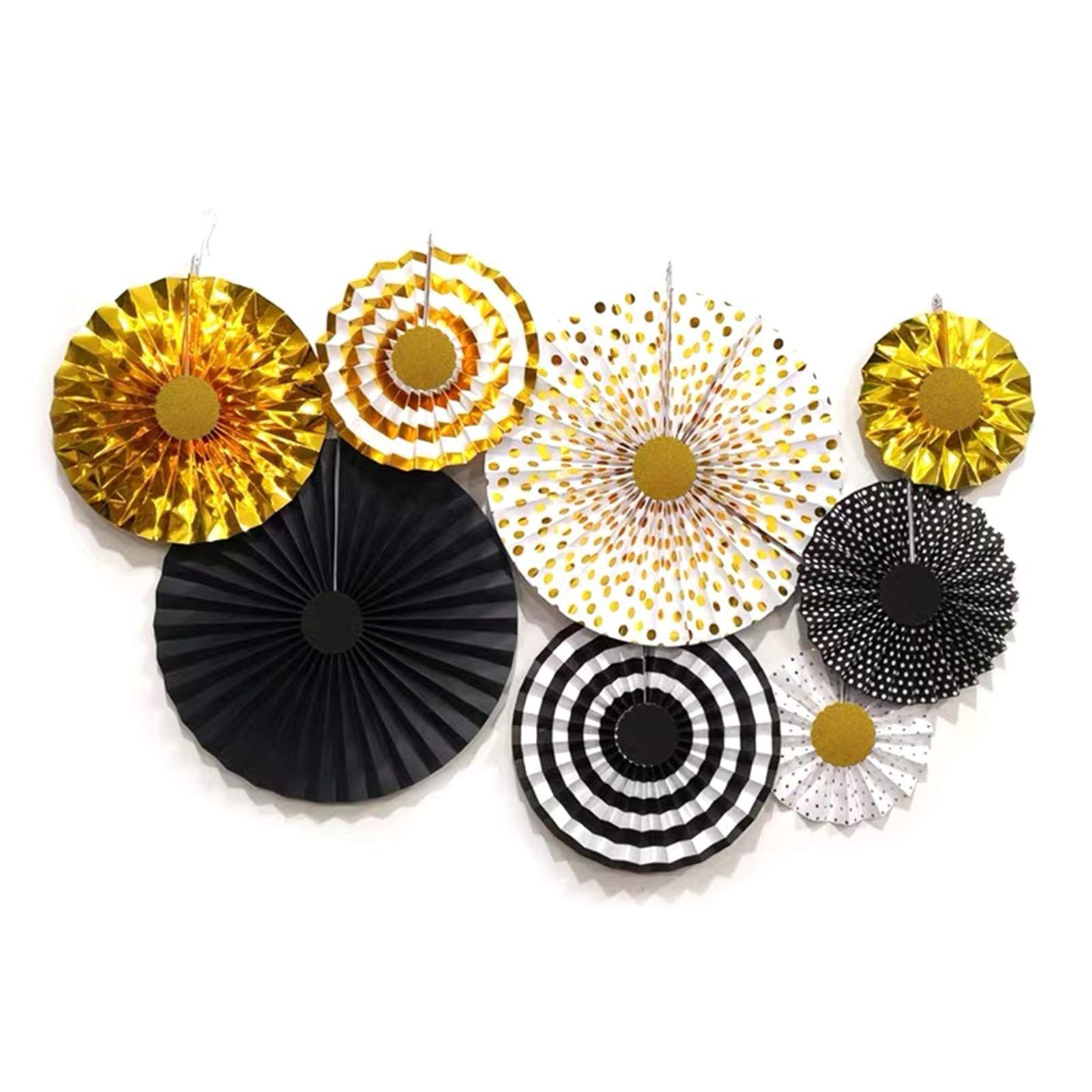 CATSRE 8 قطعة/مجموعة مراوح ورقية ملتوية معلقة دواليب معلقة لتزيين حفلات الزفاف وأعياد الميلاد مراوح سوداء وذهبية ،