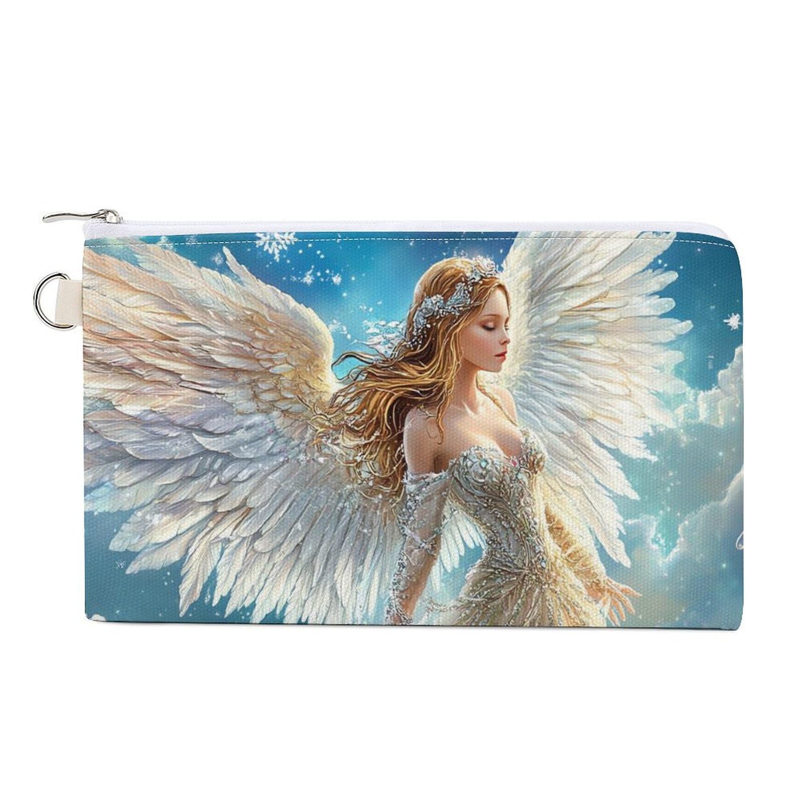 Angel Wings Coin Purse Canvas Change Pouch Portable Pocket Wallet Mini Storage Bag with Zippered Keychain