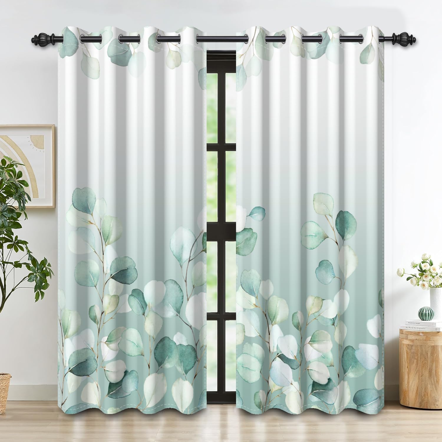 DASHAN Green Leaf Blackout Curtains for Bedroom 84 inch Long 2 Panels Eucalyptus Leaves Window Curtains for Living Room Spring Floral Room Darkening Curtains Window Treatment Drapes 52Wx84L