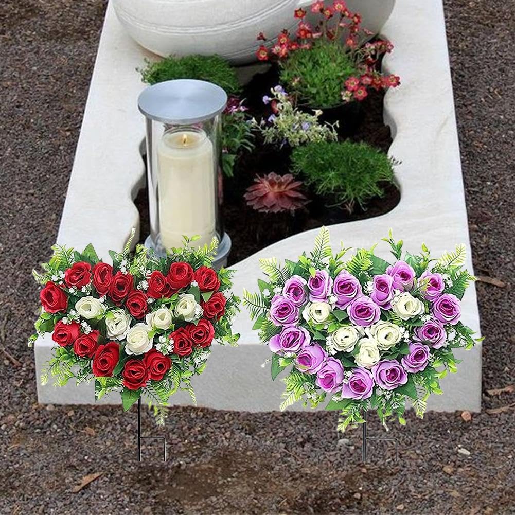 4 mazzi Fiori del cimitero per tomba, fiori di cimitero rosso per tomba, fiorini artificiali di rose finte per tombe 12 fago di seta fiori commemorativi di seta per tomba, fiori artificiali