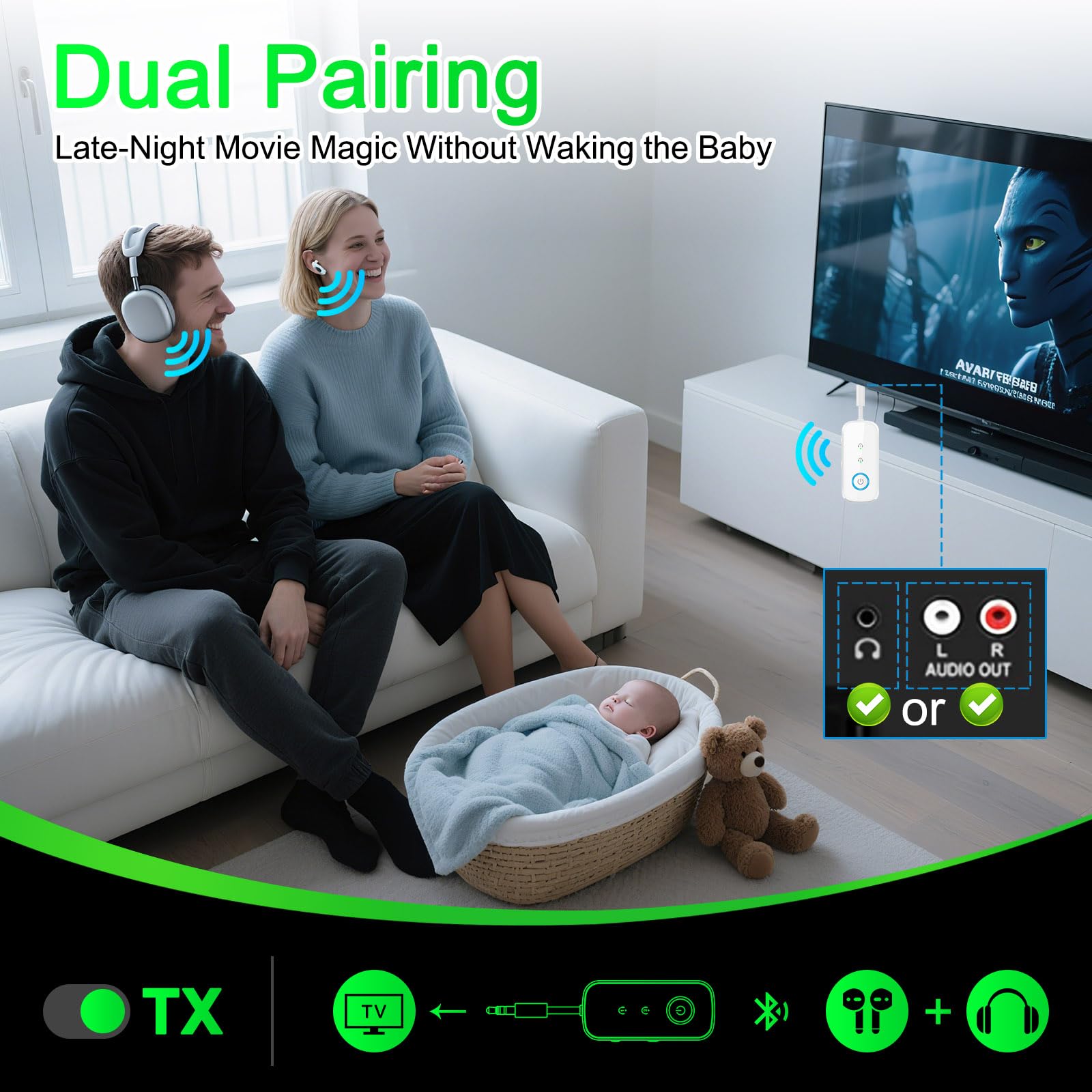 Receptor transmisor Bluetooth 5.4 2 en 1, adaptador de audio de avión, transmisor inalámbrico para TV, PC, gimnasio, interruptor, soporta hasta 2 AirPods, auriculares, receptor Bluetooth para coche y