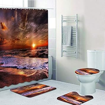 Shower Curtains with Bath Rugs Non-Slip Soft Toilet Lid Cover for Bathroom,Waterproof Home Tub Curtains Sets with Memory Foam Rugs,3D Print Durable Polyester Fabric Four-Piece Orange Beach