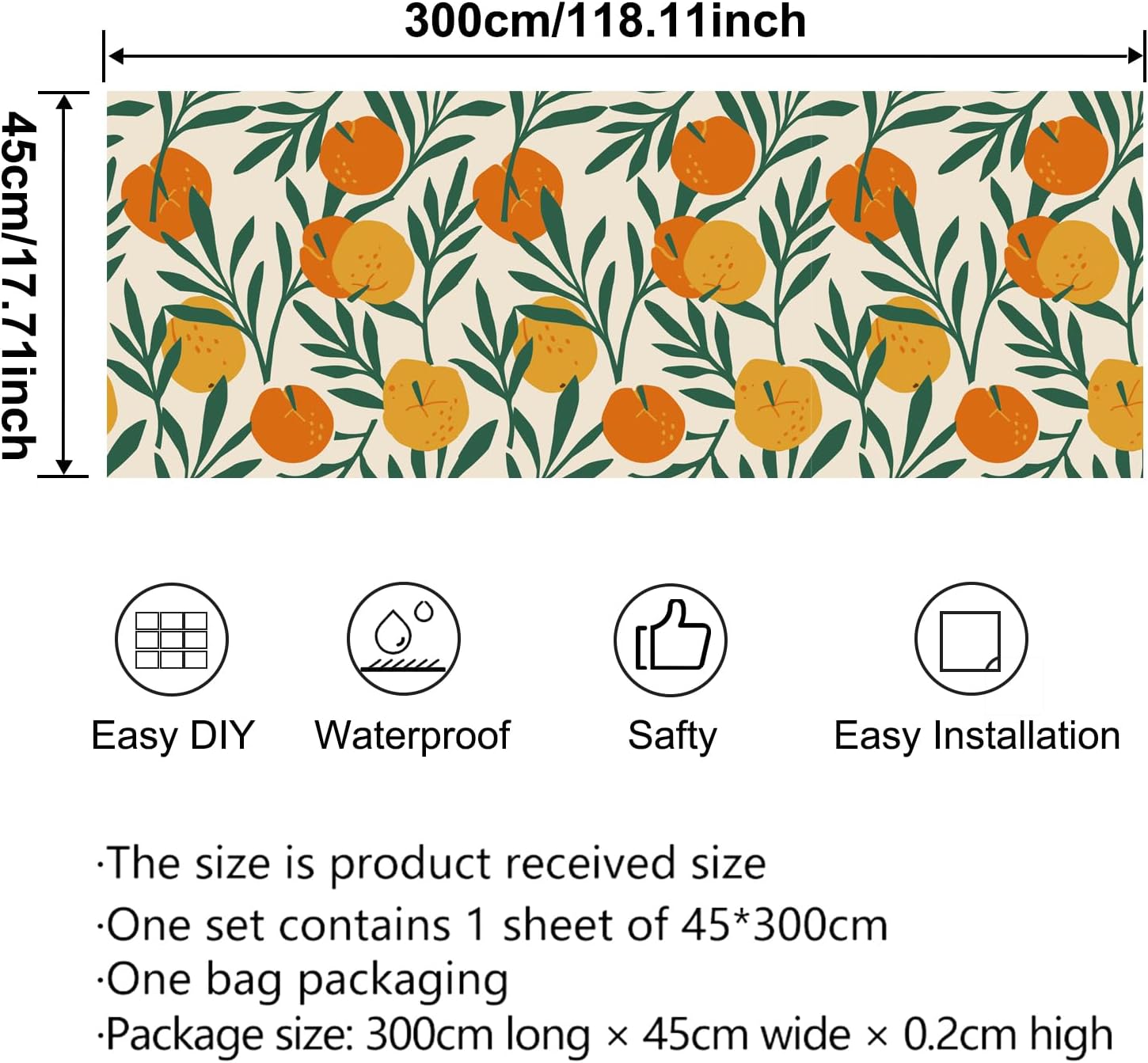 itechpanda Fruit Orange Peel and Stick Wallpaper Wall Art Decor Fruit Contact Paper Wallpaper Retro Wall Mural Removable for Bedroom Adhesive Shelf Drawer Liner