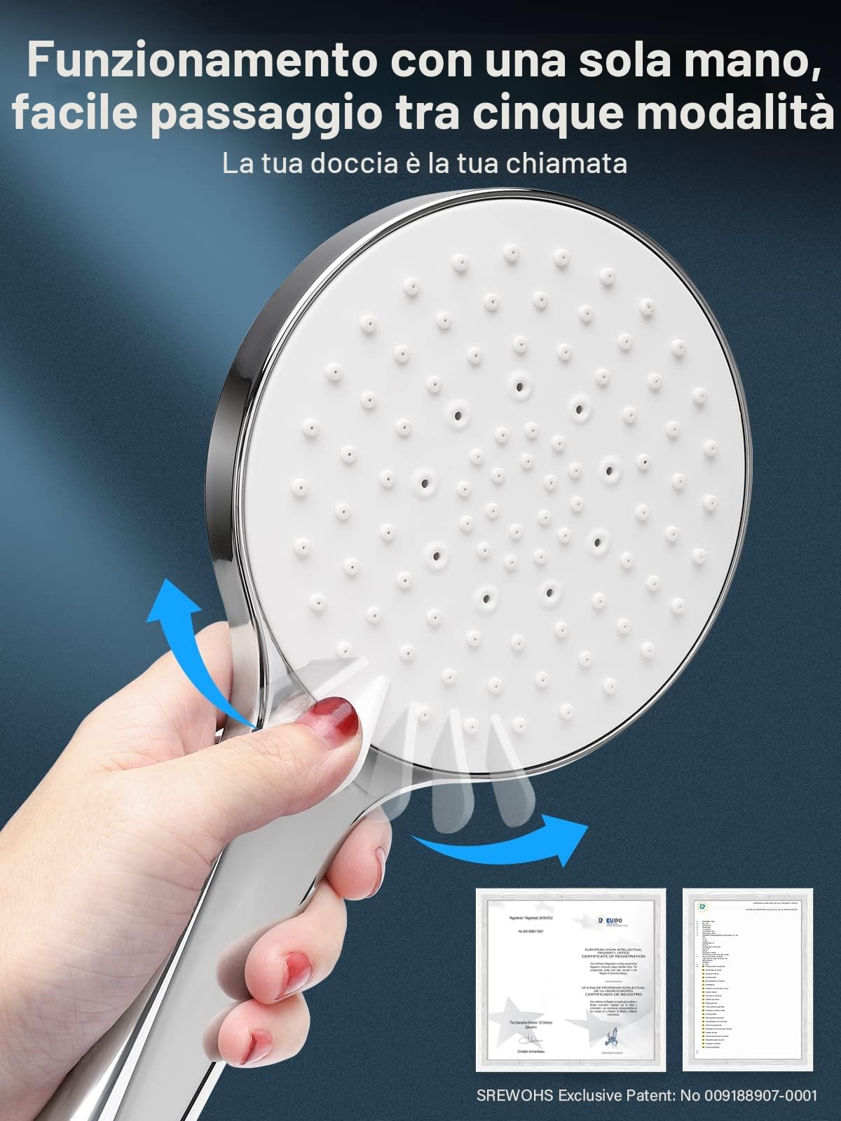 Soffione Doccia Anticalcare Alta Pressione Doccia - SREWOHS Risparmio idrico doccia soffione 5 funzioni getto con potente modalità getto per pulire piastrelle, bagno,Universale+ABS 9l/min Cromato