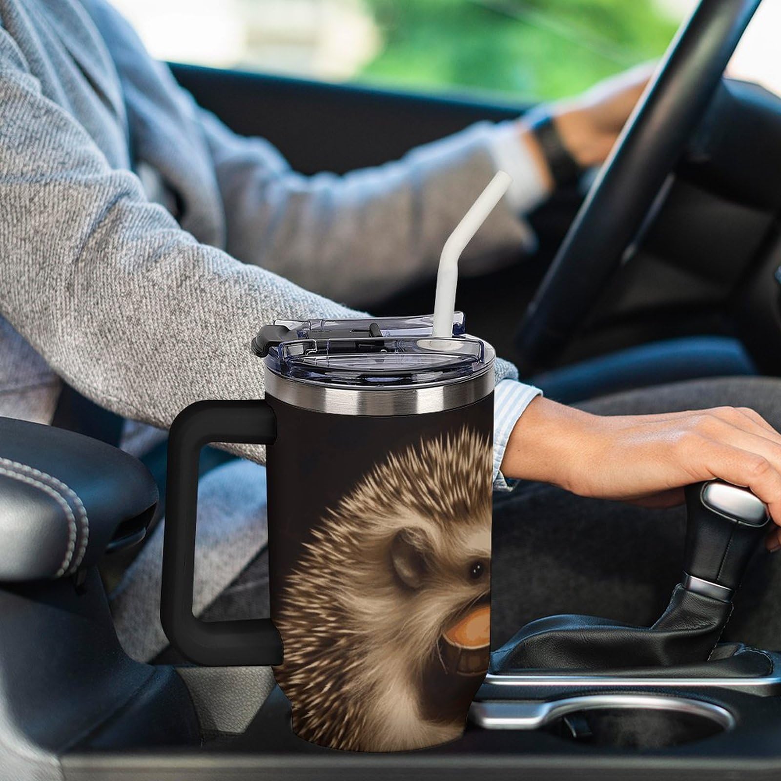 Autobecher aus 304 Edelstahl, Tier-Igel-Musik-Violinen-Becher mit Strohhalm und auslaufsicherem Deckel, großes Fassungsvermögen, vakuumisolierter Reisebecher für Auto-Becherhalter, 1,2 l