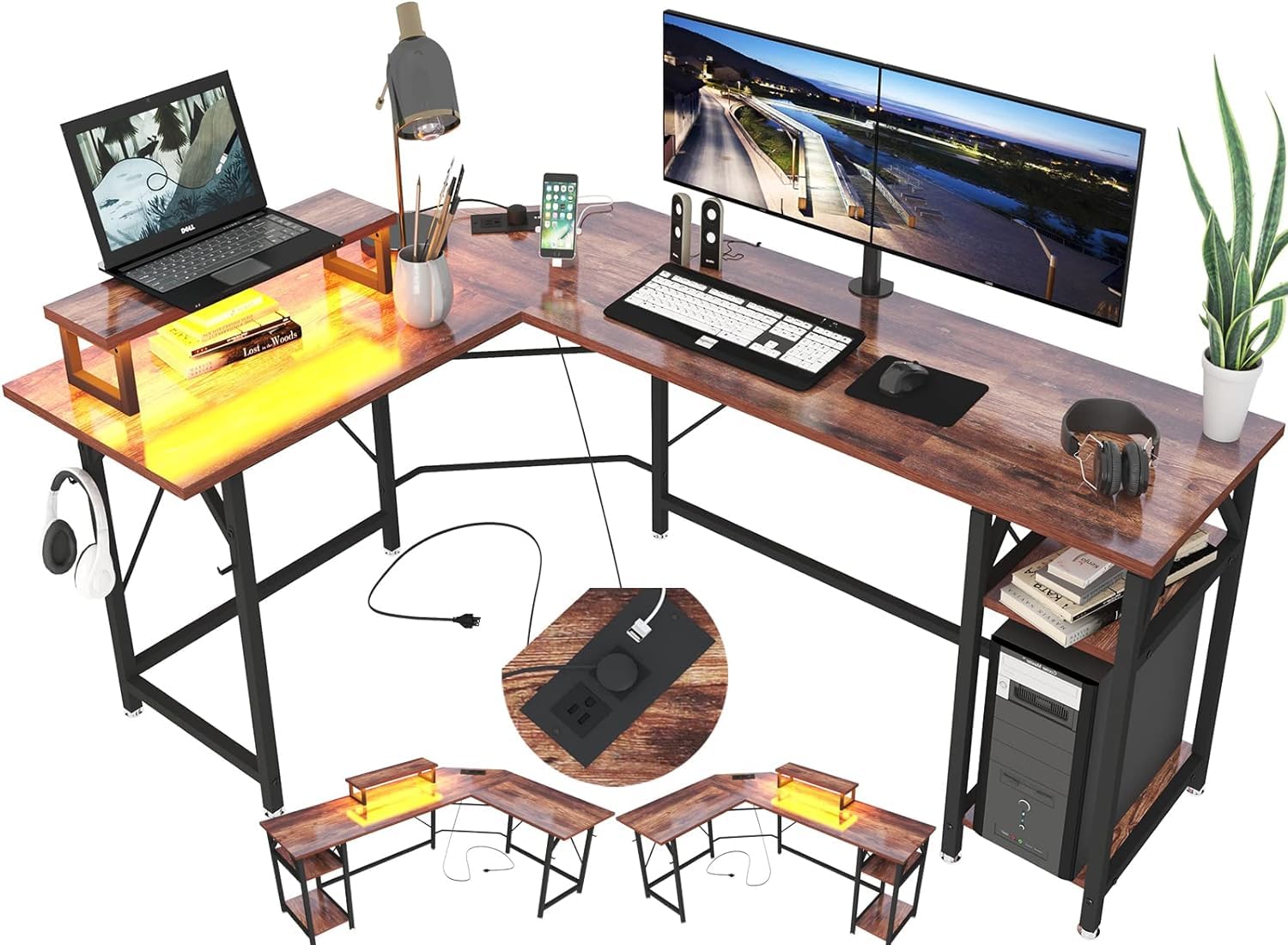 SZXKT L Shaped Gaming Desk with rustic brown top and black metal frame
