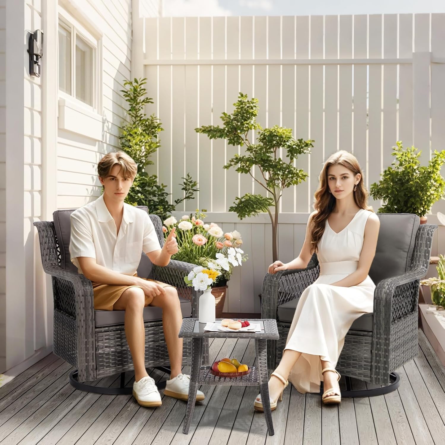 3 Pieces Patio Swivel Chairs, Wicker Patio Conversation Sets with Rocking Chair, Side Table for Outdoor Garden Porch Backyard(Light Grey)