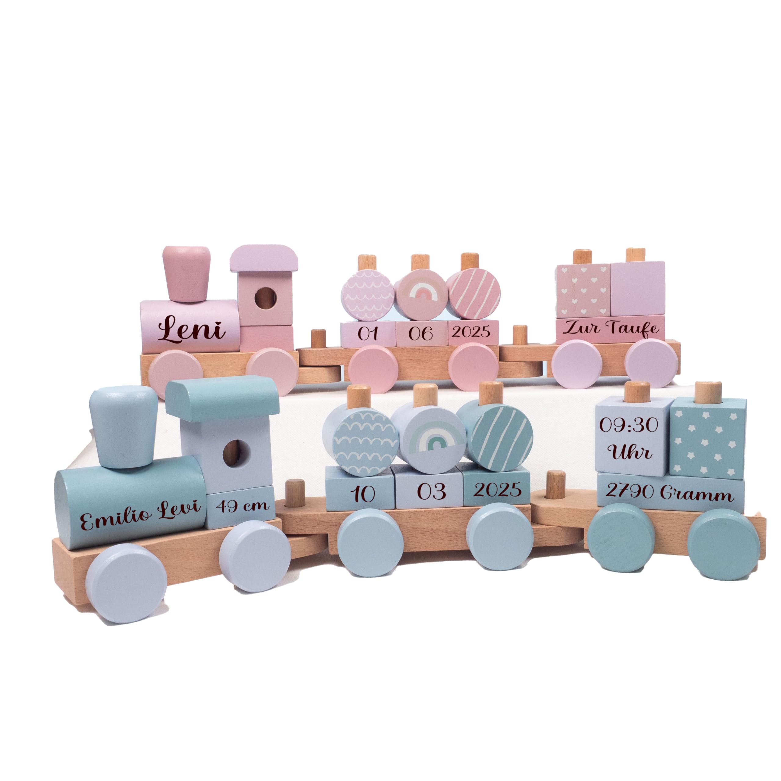 personalisierte Geschenke Baby Holz Eisenbahn REGENBOGEN als Babygeschenk zur Geburt Junge + Mädchen Holz Zug mit Name und Datum personalisierbar mit Gravur