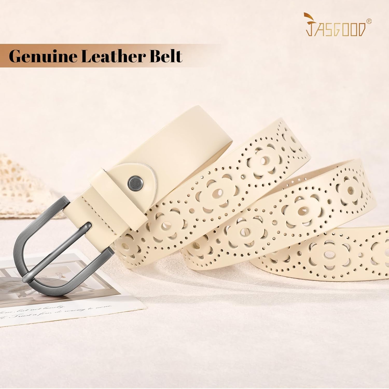 JASGOOD Hollow Genuine Leather Belt for Women Ladies Belt for Jeans Pants Casual Waist Belt - Image 3