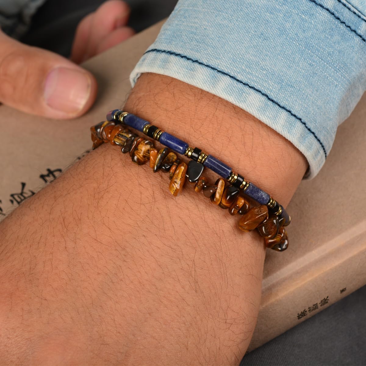 Men's Indigo Blue Stone Beaded Bracelet, Obsidian & Hematite, Stainless Steel Dual-Clasp, Adjustable, Durable Daily Wear, Azure Veil, Ideal Gift for Men Dad Boyfriend Son