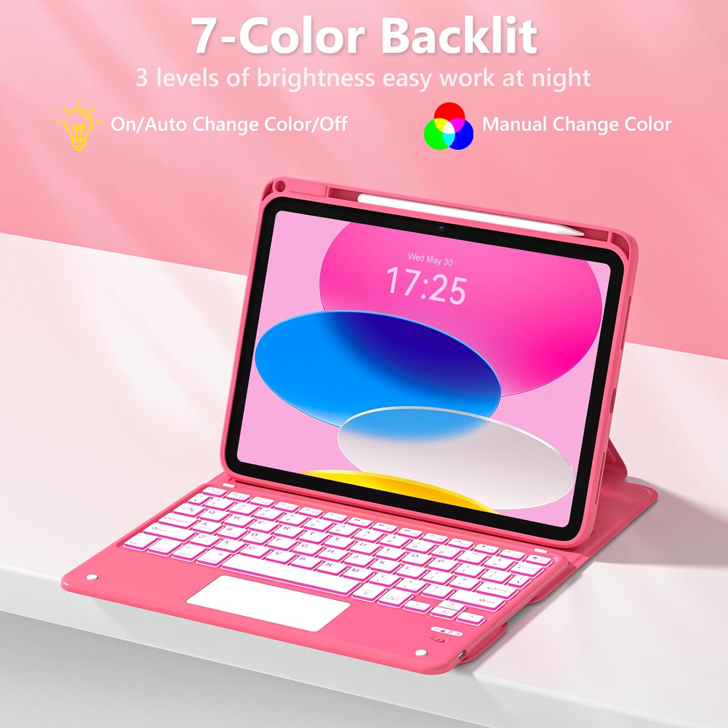 Touchpad for iPad A16 11th/10th Generation Case with Keyboard, 7 Color Backlit 360 Rotation Cover with Pencil Holder,Detachable Keyboard for iPad 11 inch 2025/10th Gen 10.9'' 2022 (Watermelon Red) - Image 5
