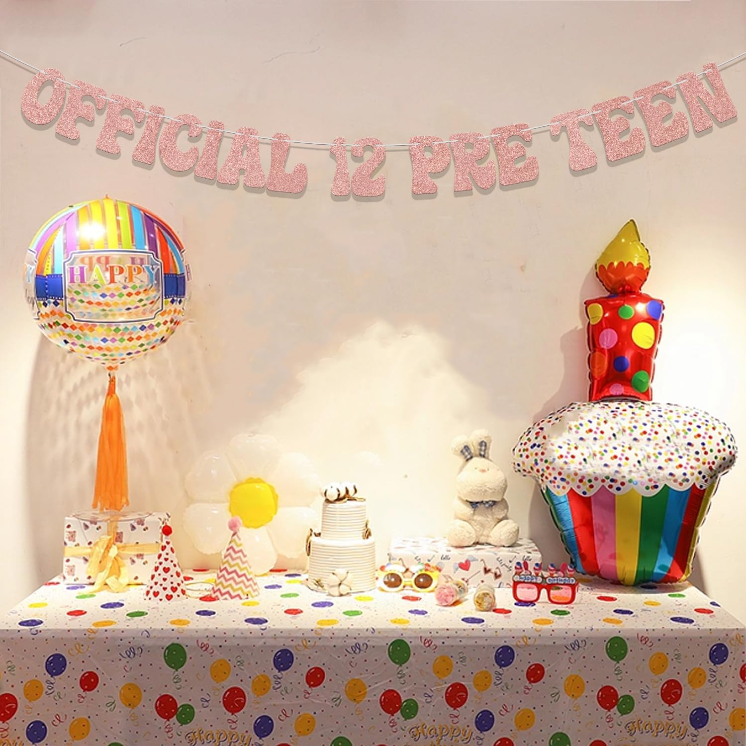 „Official 12 Pre Teen“ Banner – Party-Deko Für 12. Geburtstag, Roségold Glitzer, Zum Aufhängen