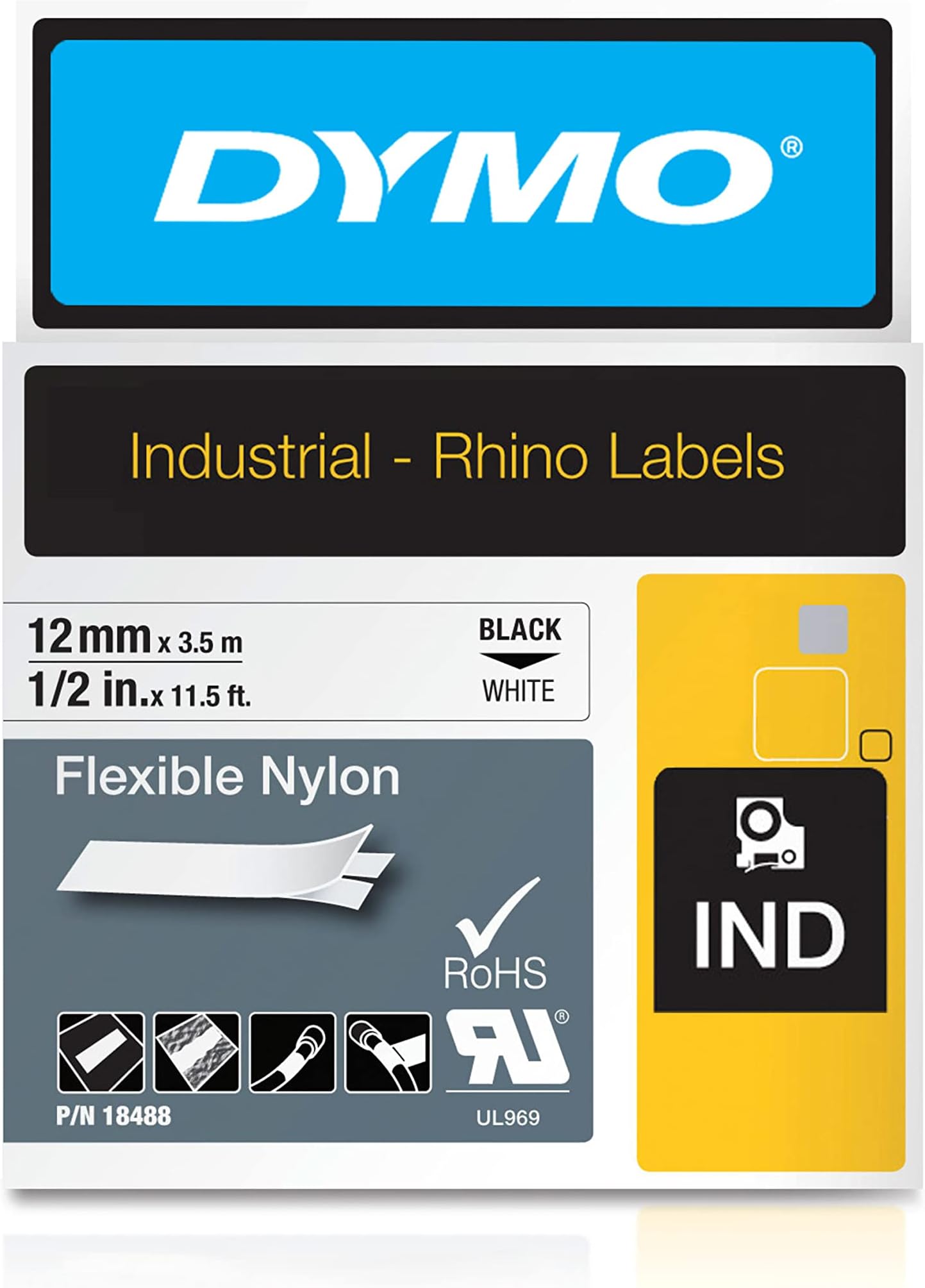 Rhino Industrial Flexible Nylon Labels 1/2" x 11.5' Black Print on White Tape