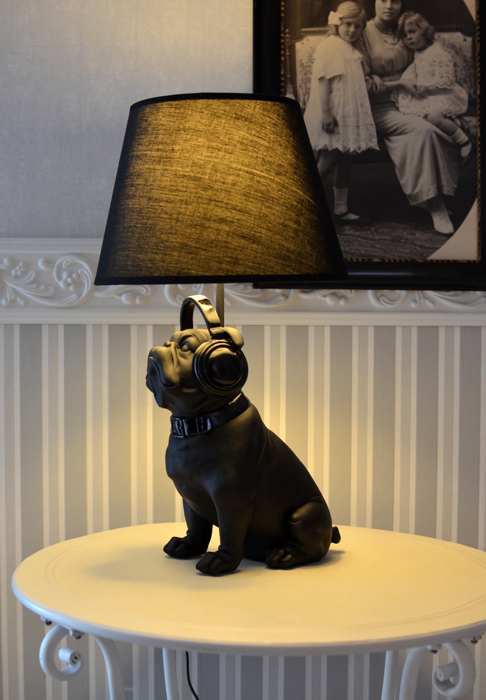 LAMPADA DA TAVOLO MOPS CON SOPRA L'ORECCHIO CUFFIE ELEGANTE Lampada NERO 54cm PALAZZO ESCLUSIVO