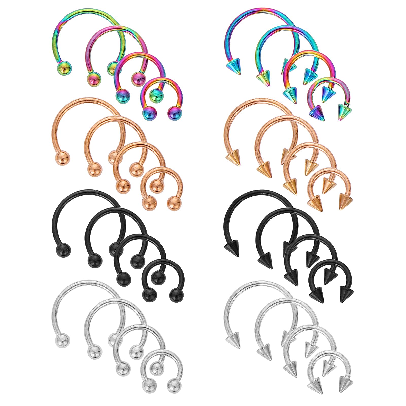 Yolev 32Pcs 18G Horseshoe Piercing for Women Men Variety of Sizes Horseshoe Rings Surgical Steel Nose Septum Horseshoe Hoop Earring Eyebrow Earring