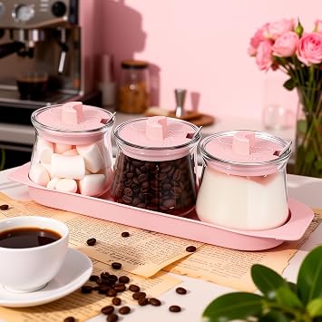 3 Pcs Glass Coffee Bar Accessories Set, 10oz Pink Kitchen Jars