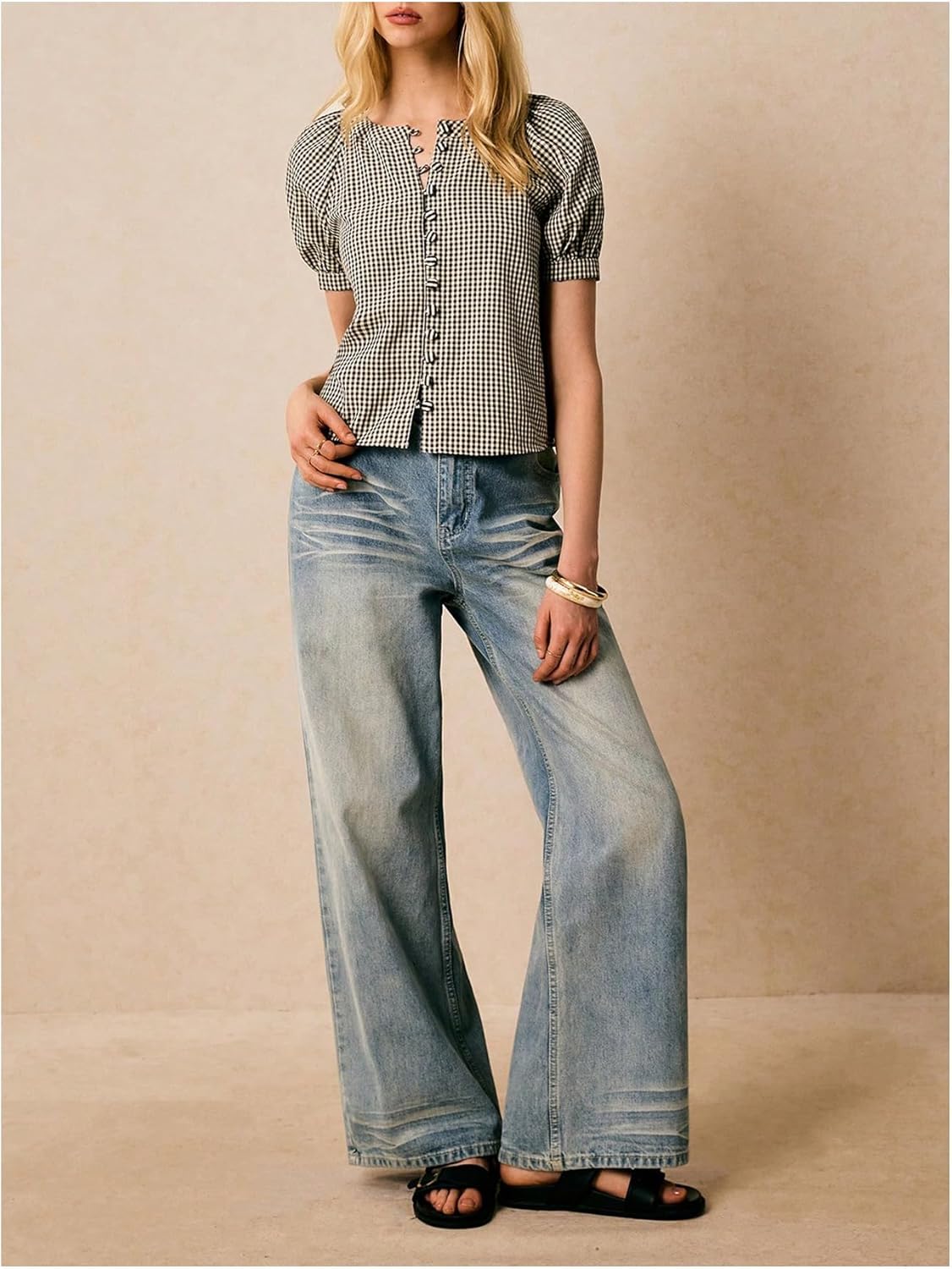 Floerns Women's Gingham Plaid Button Down Blouse Puff Sleeve Crew Neck Babydoll Shirts - Image 5