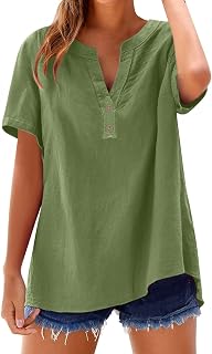 Camiseta de verano de lino y algodón de color liso para mujer, manga casquillo, con botones, cuello en V, para verano, holgada, lisa, casual, suave, transpirable, a la moda