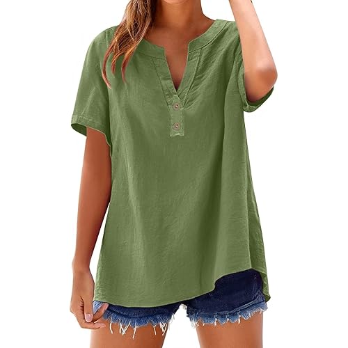 Summer Top for Women 2025 Casual Cotton Linen Short Sleeve T Shirts Plus Size Baggy Solid Color Vneck Button Down Tee